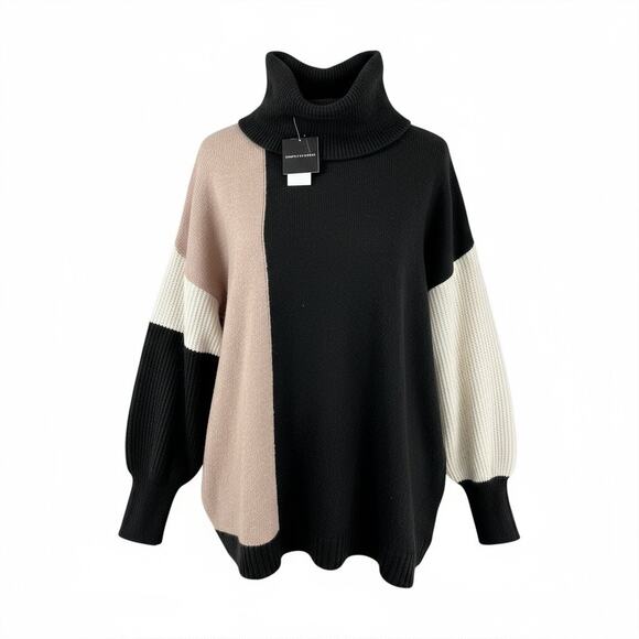 Saks Fifth Avenue Black Mocha Color Block Long Soft Sweater Turtle Neck Small - Picture 1 of 7